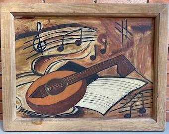 Nice Framed Vintage 1960s Musical Instruments Still Life Painting Mid Century Modern Signed
