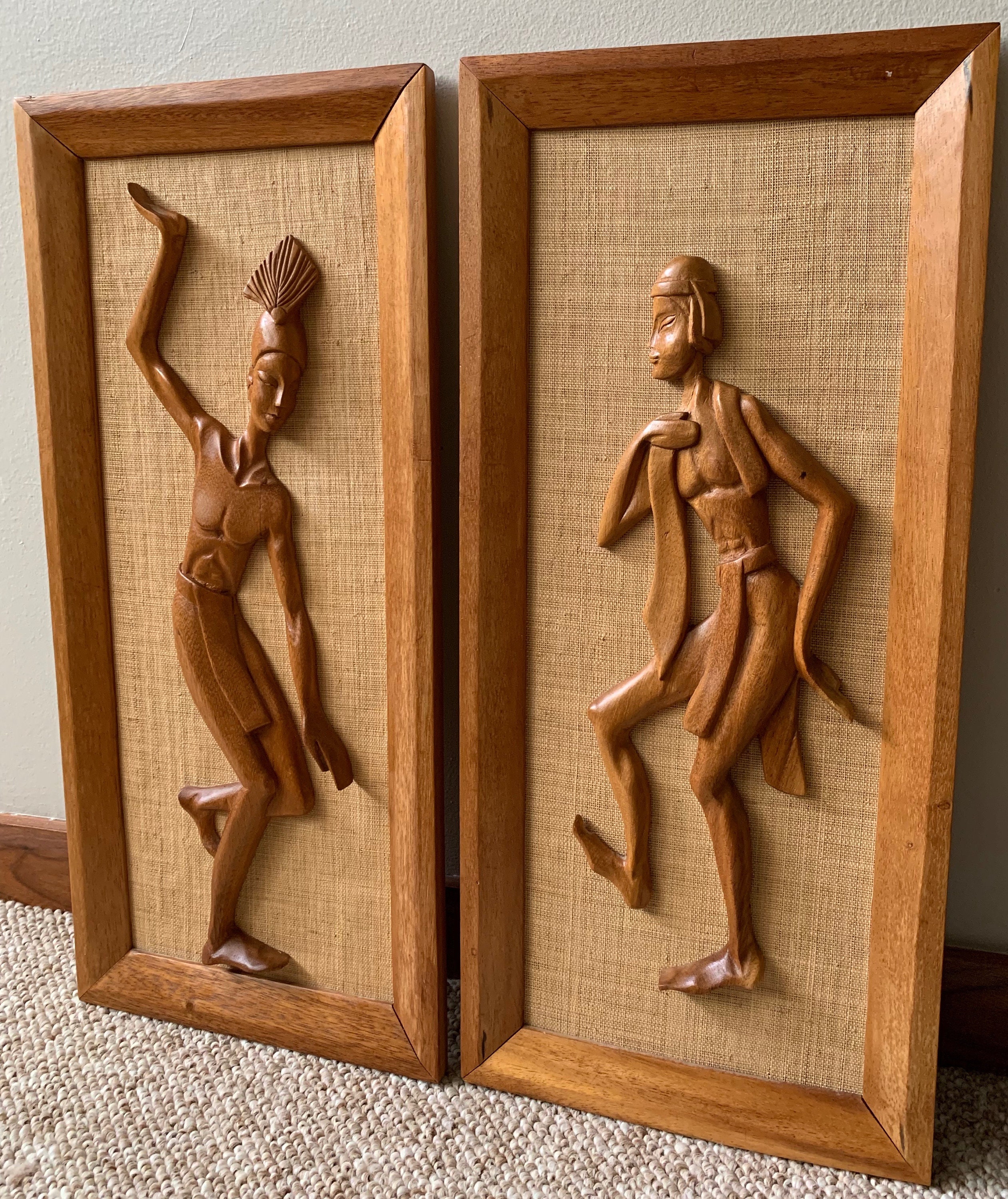 Set Vintage 60s Polynesian Ethnic Tribal Carved Wood Wall Hangings Art