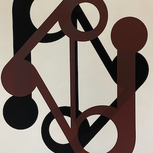 May include: Abstract art print featuring overlapping circles and lines in black and brown. The print is signed "Susan Rohl" and numbered "6/9" in the bottom right corner. The title "HIGHWAYS" is written in the bottom left corner.