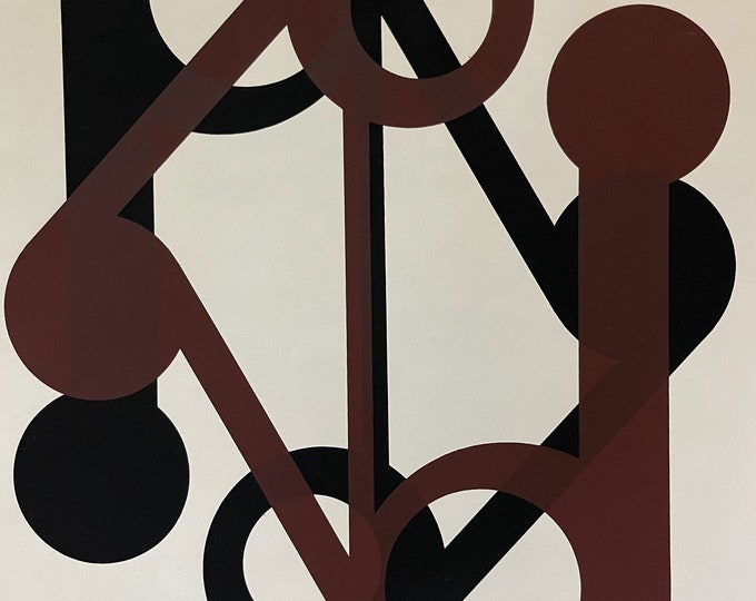 Vintage 70s Black Brown Abstract Geometric Screen Print Serigraph Modern Art Wall Hanging Signed Kohl Highways