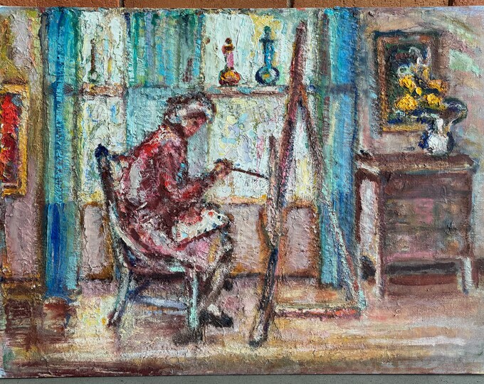 Textured Figural Woman At Easel Painting Modern Fine Art Wall Hanging 60s