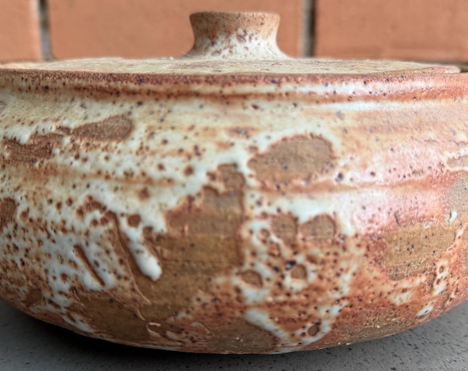 Vintage 70s Studio Pottery Stoneware Ceramic Bowl w/ Lid Handled Modern Handmade