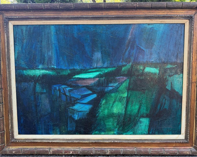 Vintage MCM 60s Blue Green Abstract Painting Mid Century Modern Art Signed Smith 1963