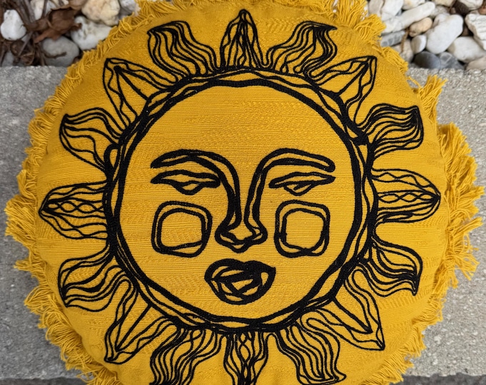 Contemporary Yellow Black Sun Face Embroidered Pillow Round Mid Century Modern Style MCM