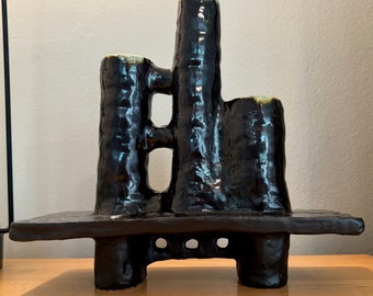 Vintage Triple Cylinder Ikebana Ceramic Vase Black Modern Pottery Handmade 70s
