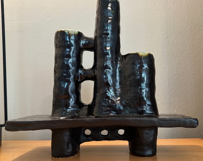 Vintage Triple Cylinder Ikebana Ceramic Vase Black Modern Pottery Handmade 70s