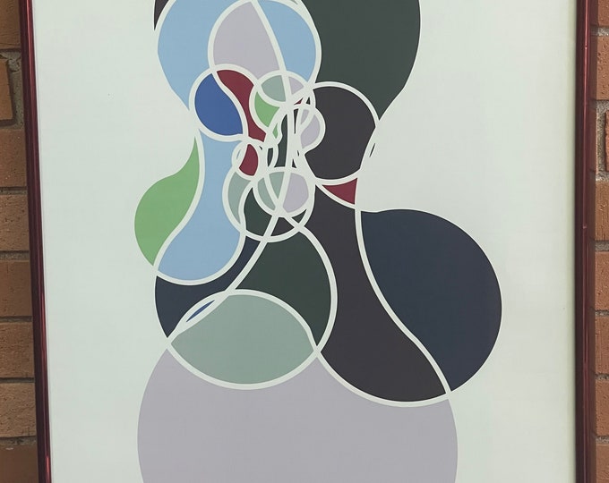 Vintage Abstract Shapes Screen Print Art Wall Hanging Mid Century Modern Signed Tenuko Yokoi