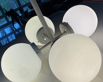 Vintage 60s Mod White Metal Glass Orb Ceiling Light Fixture Lamp Mid Century Modern MCM