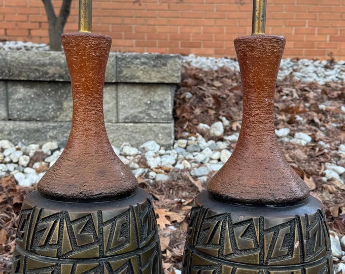 Vintage MCM Geometric Plaster Table Lamps 60s Mid Century Lighting Modern Pair