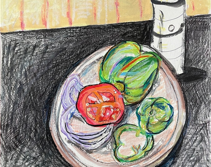 Vintage 70s Mixed Media Veggies Still Life Painting Modern Art Wall Hanging