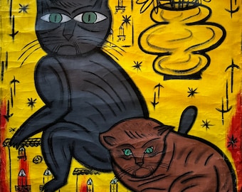 Large Vintage Cats Feline Canvas Painting Modern Art Wall Hanging Signed Peña