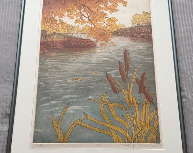 Vintage 80s "Cattails" Artist Proof Screen Print Modern Art Framed Signed Matted Bill Wheeler