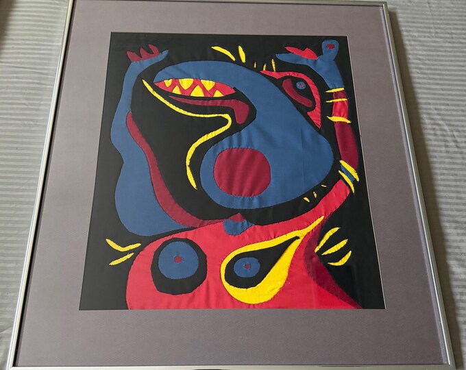 Vintage Abstract Embroidered Cloth Dragon Figure Mid Century Wall Art Modern MCM 70s