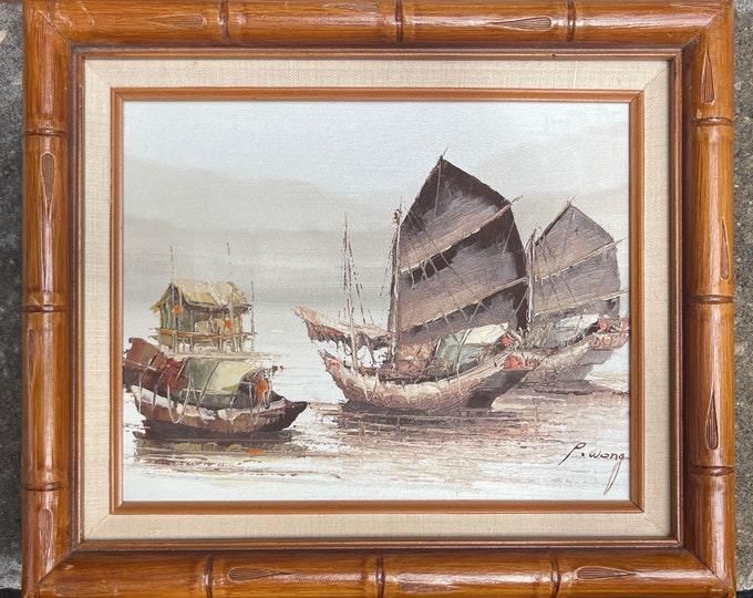 Vintage 80s Galleon Ship Oil Painting Modern Art Wall Hanging Framed Signed Wong