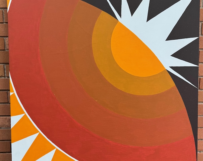 Vintage 70s Orange Brown Abstract Geometric Oil Painting Modern Art Wall Hanging