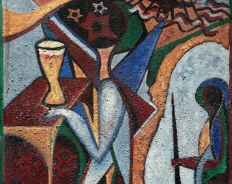 Vintage Abstract Surreal Painting Modern Art Textured Wall Hanging Signed Laffey 90s