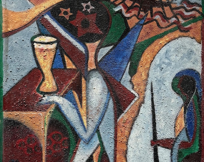Vintage Abstract Surreal Painting Modern Art Textured Wall Hanging Signed Laffey 90s