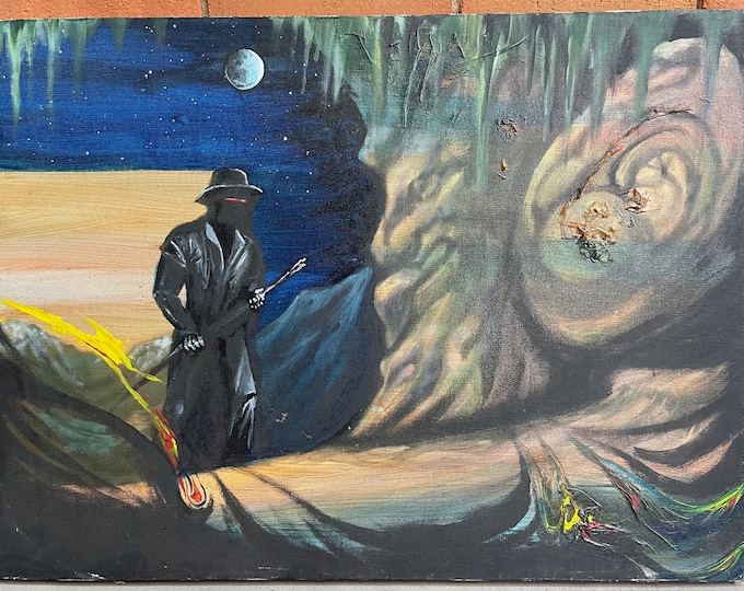 Vintage 80s Surreal Figural Landscape Painting Modern Art Wall Hanging Signed