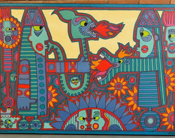 Vintage Figural Psychedelic Oil Painting Modern Art Wall Hanging SHOEmaker OOAK
