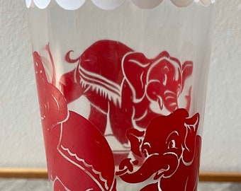Vintage Hazel Atlas Big Top Circus Red Elephants Drinking Glass Mid Century 60s