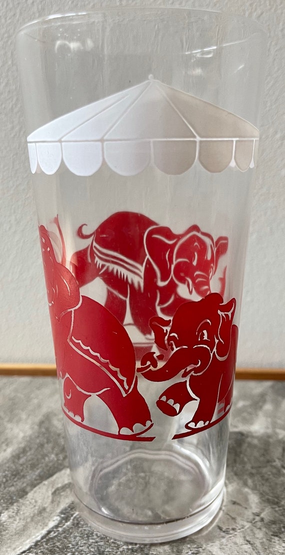 Vintage Hazel Atlas Big Top Circus Red Elephants Drinking Glass Mid Century  60s 