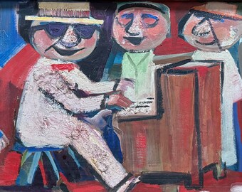 Original Vintage 60s Piano Player Figural Oil Painting Mid Century MCM Modern Art