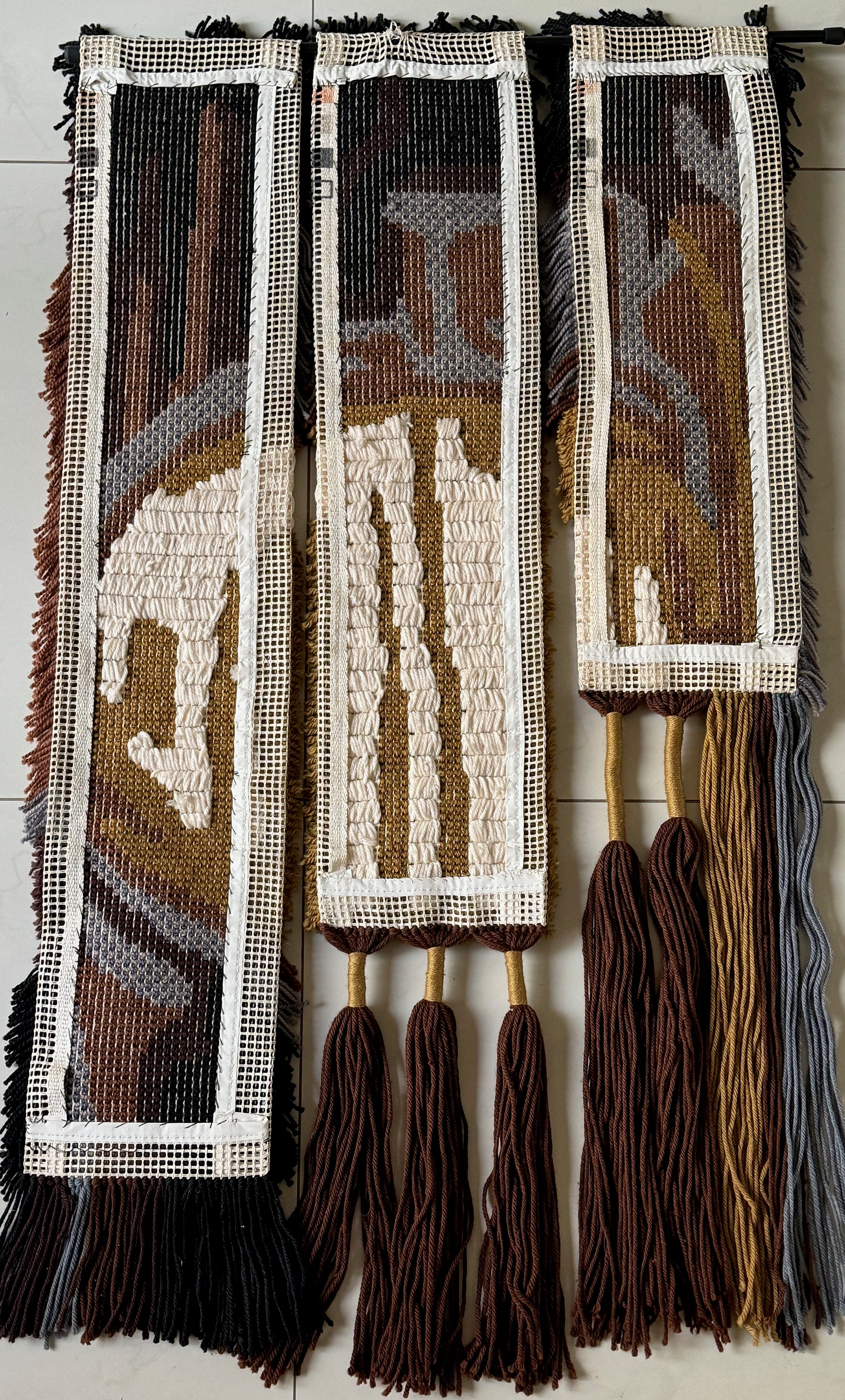 Vintage Handmade 3pc. 70s Textile Yarn Fiber Art Wall Hanging Mid