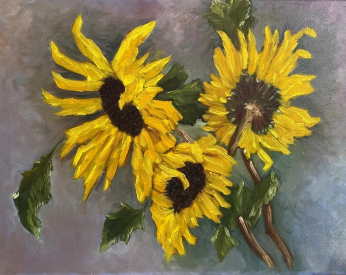 Vintage 80s Sunflowers Floral Oil Painting Modern Art Wall Hanging Hackmann