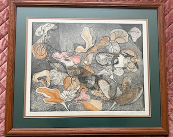 Vintage 70s Abstract Floral Etching Print Modern Wall Art Signed Joanne O'Connor