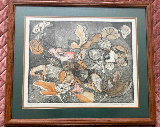 Vintage 70s Abstract Floral Etching Print Modern Wall Art Signed Joanne O'Connor