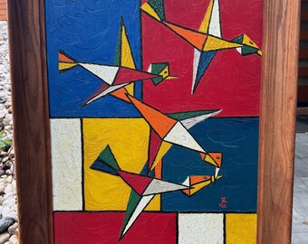 Vintage MCM 60s Bird Painting Mondrian Style Mid Century Modern Art Wall Hanging
