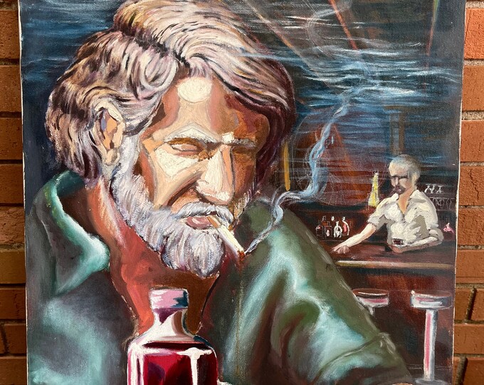 Vintage Man In Bar Drinking Alcohol Oil Painting Modern Art Wall Hanging Signed