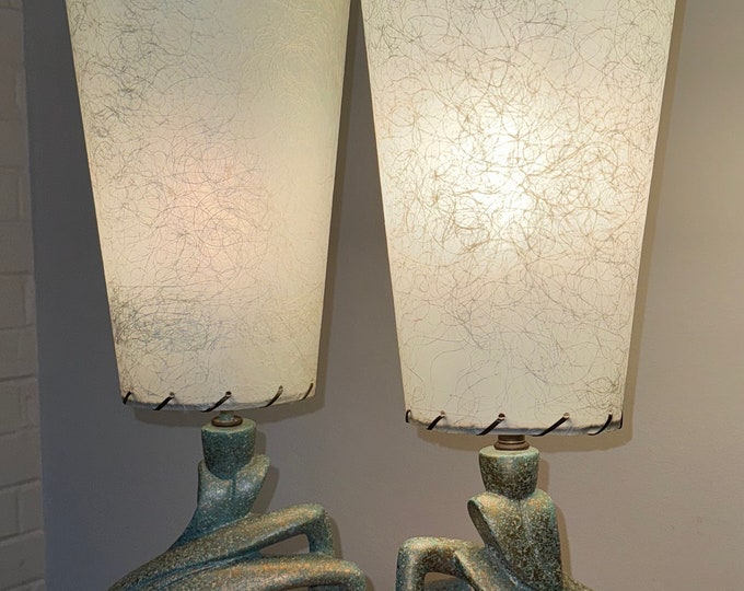 Fantastic PAIR Vintage MCM Biomorphic Teal Plaster Lamps Fiberglass Shades Atomic Mid Century