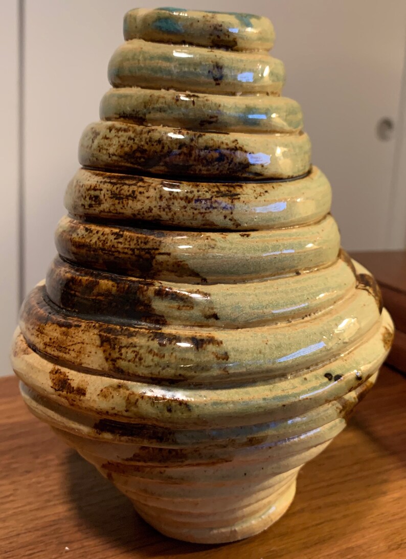 Bulbous Vintage 70s Ribbed Studio Pottery Ceramic Vase Mid Century Modern