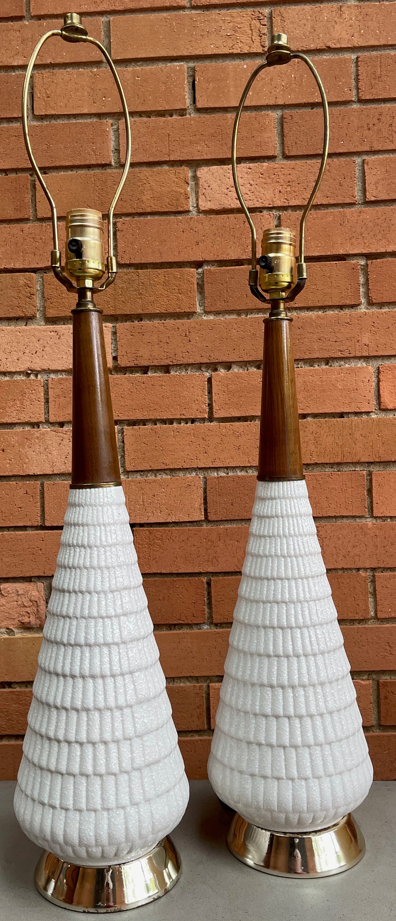 Awesome Pair Vintage 1960s White Ceramic Walnut Wood Lamps