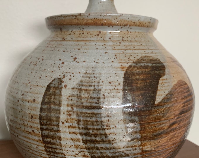 Vintage 60s Ribbed Stoneware Vase Jug Vessel Urn Mid Century Modern Studio Pottery Signed Deyoe E