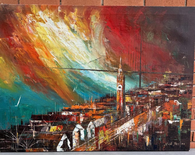Vintage MCM Abstract Cityscape Painting Mid Century Modern Art Signed Paulino