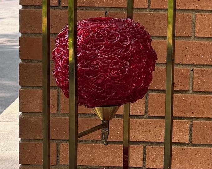 Vintage MCM Red Spun Acrylic Spaghetti Shade + Wood Floor Lamp Mid Century 1960s