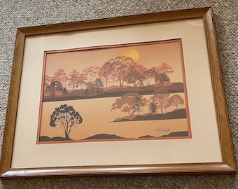 Vintage TC Wood Landscape Lithograph Print Wall Hanging Modern Art Signed - C