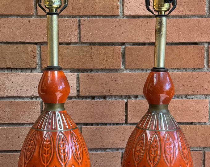 Pair Vintage MCM Ceramic Pottery Orange Leaf Lamps Mid Century Modern Lighting 1960s