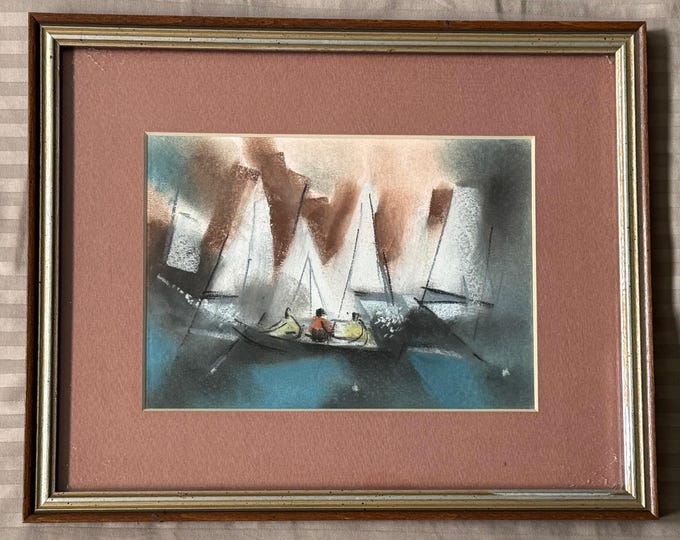 Vintage WILLIAM JACOBS Abstract Pastel Painting Modern Art Wall Hanging Nautical