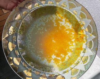 Vintage Elegant Decorative Gold Orange Round Glass Bowl Iridescent Signed
