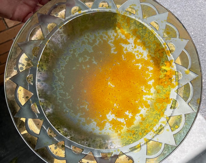 Vintage Elegant Decorative Gold Orange Round Glass Bowl Iridescent Signed