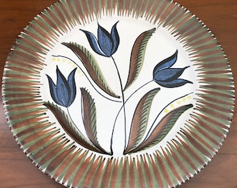 Vintage 13" Decorative Floral Hand Made Plate Norway Mid Century Modern Ceramic Hand Painted Retro 60s Sixties