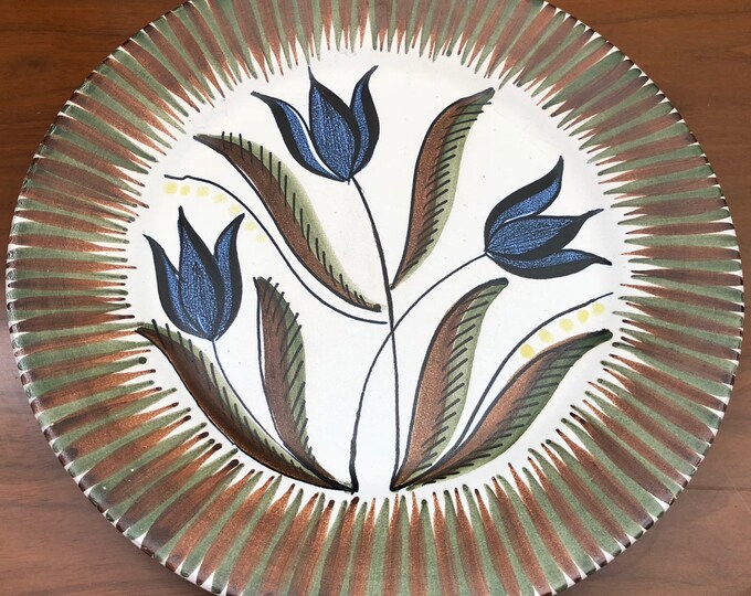 Vintage 13" Decorative Floral Hand Made Plate Norway Mid Century Modern Ceramic Hand Painted Retro 60s Sixties