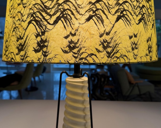 Vintage MCM Ceramic Spiral Iron Cage Lamp Fiberglass Shade Mid Century Modern Atomic Era 1950s