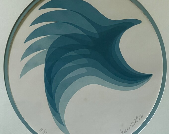 Vintage 70s Blue Screen Print Abstract Bird Modern Art Wall Hanging Signed Kohl