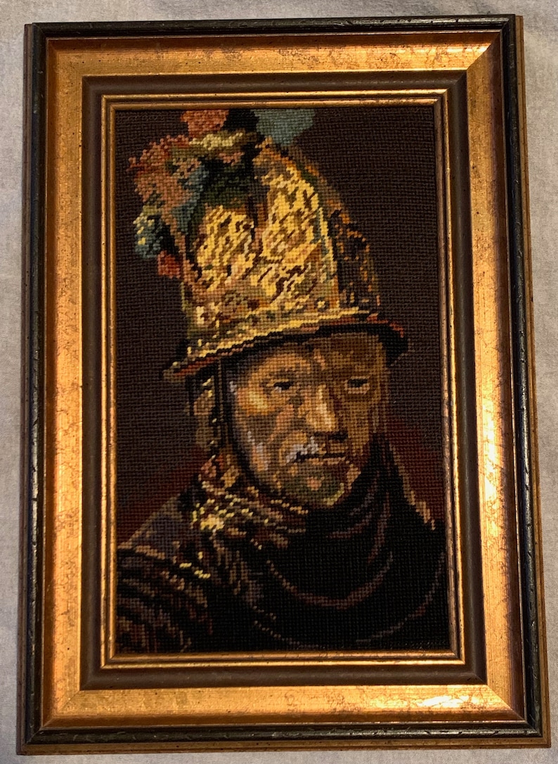 Vintage Rembrandt Man Gold Helmet Framed Needlepoint Modern Art Wall Hanging
