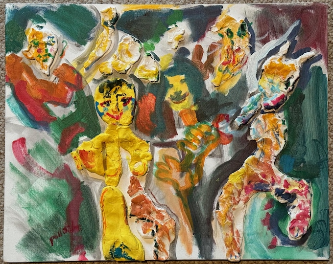 Vintage Mixed Media Figural Multi-color Painting Art Wall Hanging Signed Pollack