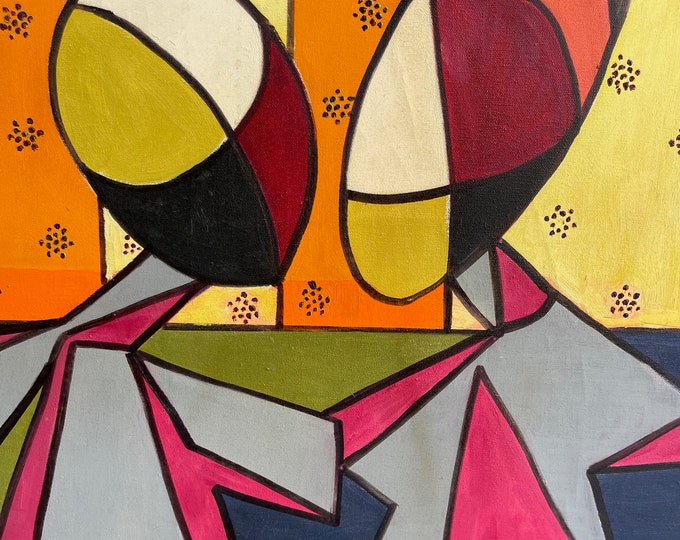 Vintage 70s Abstract Cubist Figural Oil Painting Modern Art Wall Hanging Signed